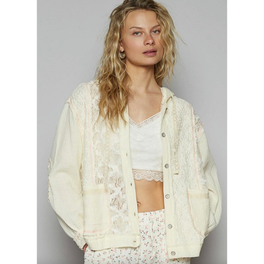 POL Cream‎ Lace Textured Gauze Lace Hooded Jacket Small Oversized NEW